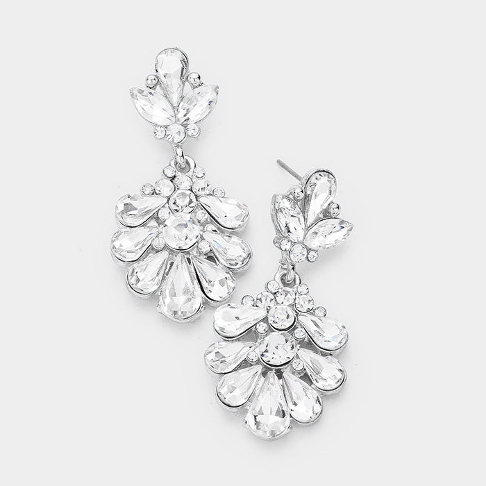 Little Girls Crystal Cluster Teardrop Pageant Earrings on Silver | 402711