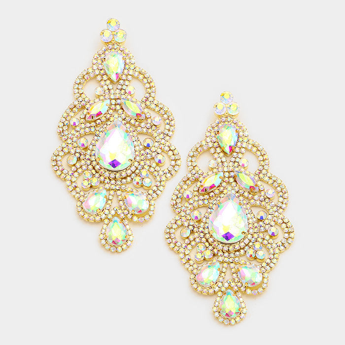 Large AB Crystal and Rhinestone Chandelier Earrings on Gold | 354112