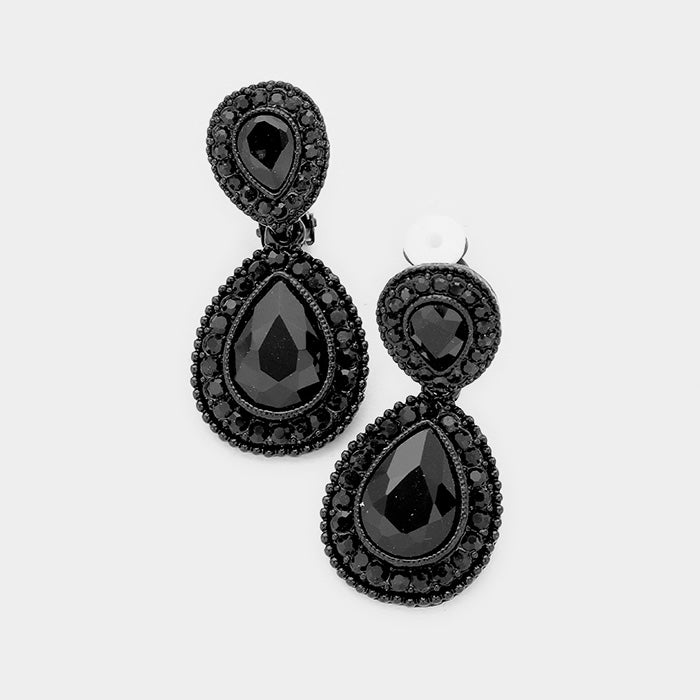 Little Girls Double Black Crystal Teardrop Clip On Earrings | 379522