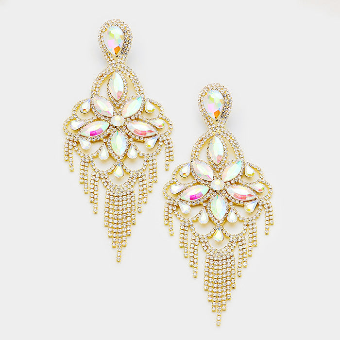 Large Light Weight AB Crystal Flower Fringe Earrings on Gold
