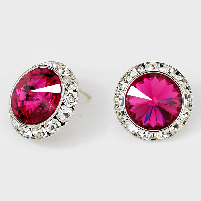 Austrian Fuchsia Crystal Round Stud Earrings | 7/8" | 122918