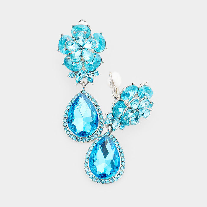Small Aqua Crystal Clip On Dangle Earrings | 415433
