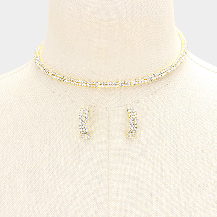 Two Row Clear Crystal Rhinestone Choker with Earrings on Gold | 351947
