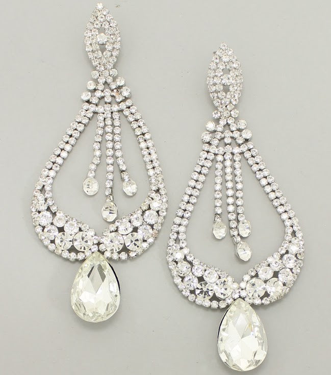 STATEMENT PAGEANT CRYSTAL DROP EARRINGS  • Color : Clear, Silver • Size : 2.25" X 5.25" • Post Back