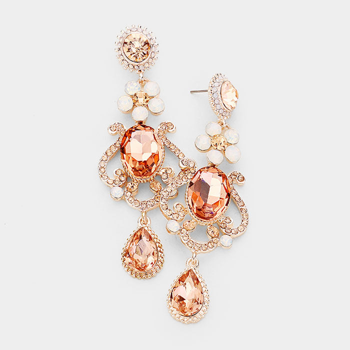 Floral Teardrop Peach Crystal Chandelier Pageant Prom Earrings | 410281