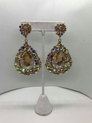 Large Gold Stoned Crystal Earrings on Silver | Gold Pageant Earrings | H202-7