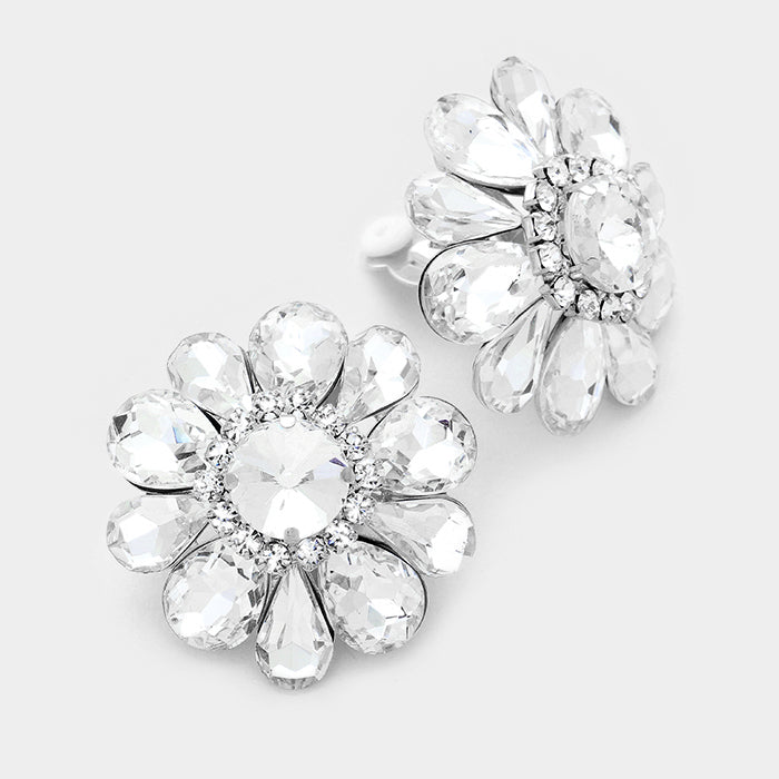 Large Clear Crystal Flower Clip On Earrings | 330071