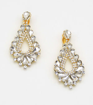 Cut Out Crystal Clip On Teardrop Chandelier Earrings on Gold | JE5EESE2141CLRGD