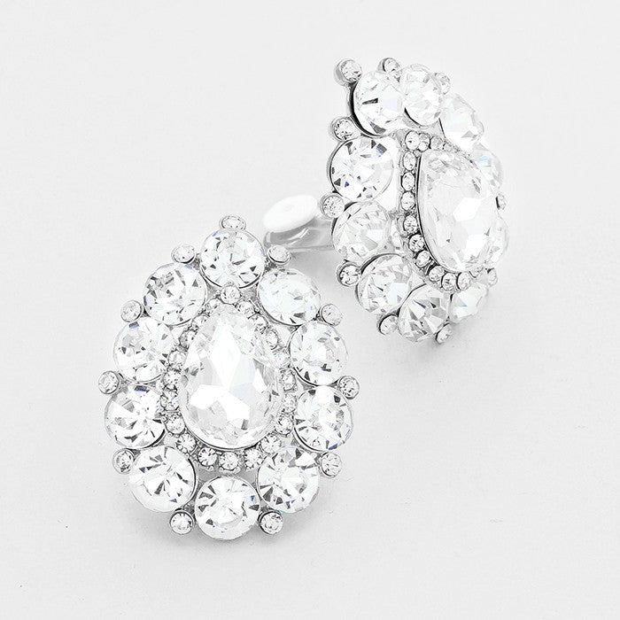 Large Clear Crystal Teardrop Stud Clip On Earrings | 223873