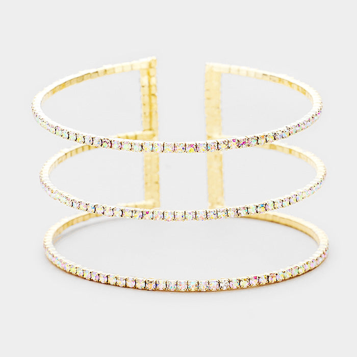 3 Row Split Layer Round AB Crystal Cuff Bracelet on Gold