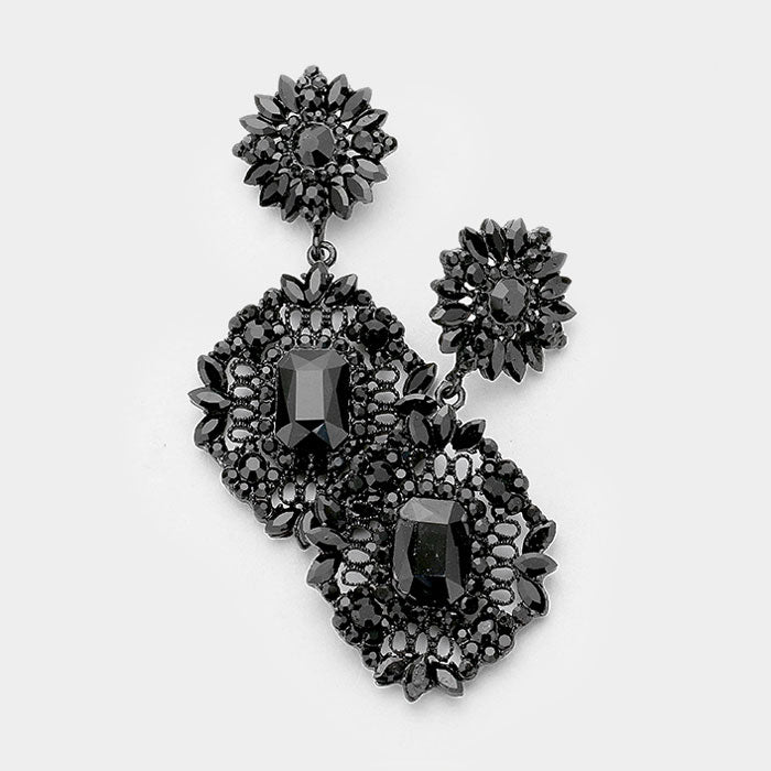 Large Floral Black Crystal Chandelier Pageant Prom Earrings | 405081