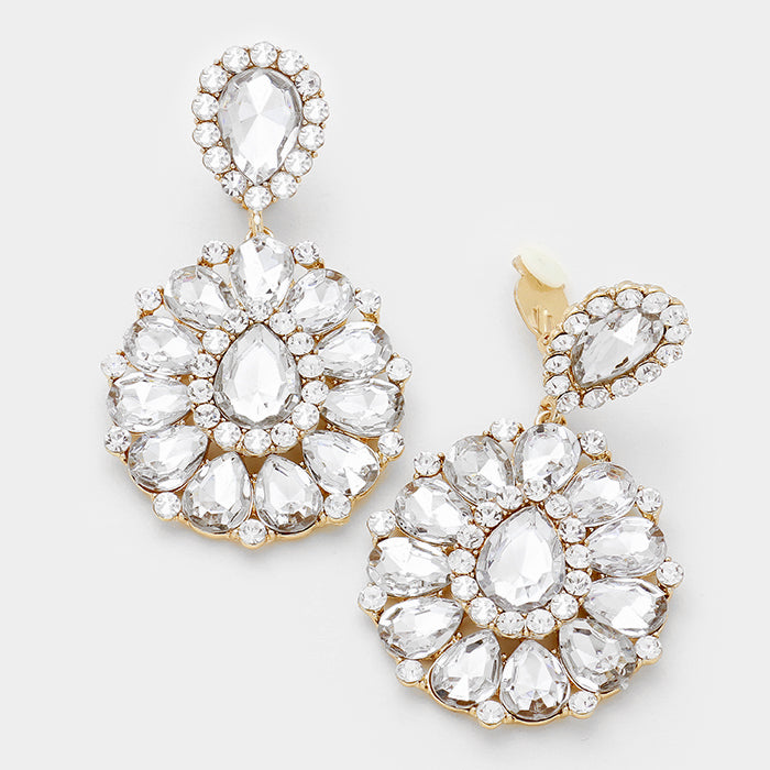 Large Crystal Pageant Earrings on Gold | Clip On | 309821
