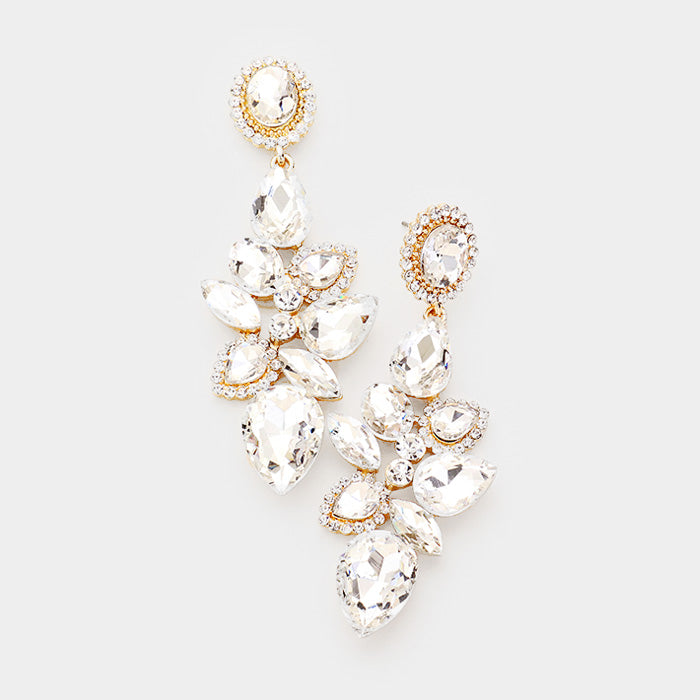 Crystal Teardrop Cluster Dangle Pageant Prom Earrings on Gold | 412157