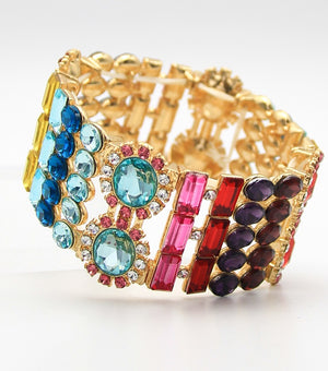 Wide Multi Stone Shape Multi Color Crystal Stretch Bracelet | JF4BFC8432MLTGD