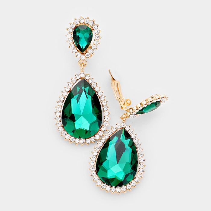 Emerald Crystal with Rhinestone Trim Clip On Earrings | 412430
