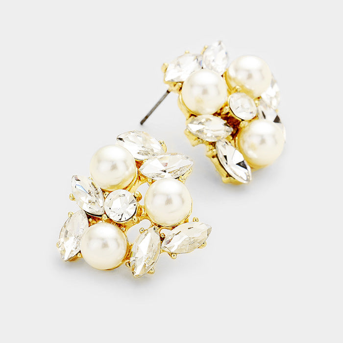 Pearl and Crystal Cluster Stud Earrings | Bridal Earrings | 366829