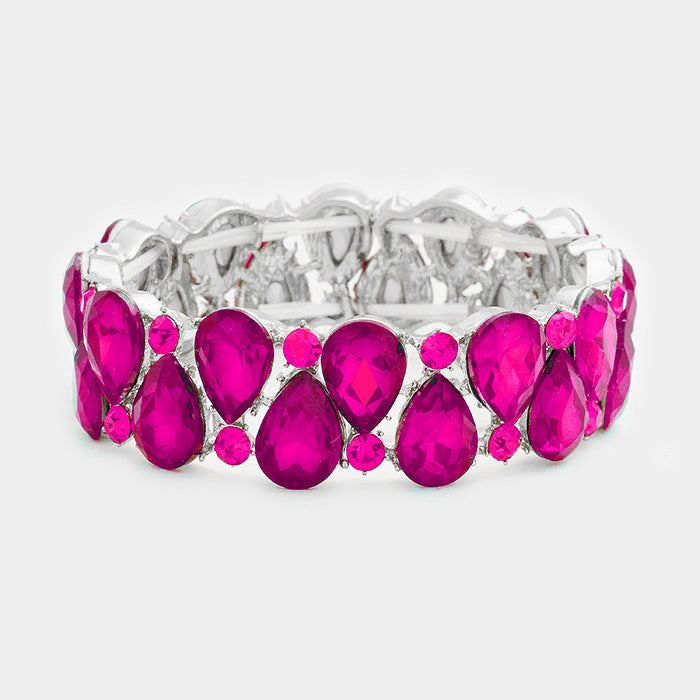 Double Row Fuchsia Crystal Teardrop Stretch Bracelet | 389025