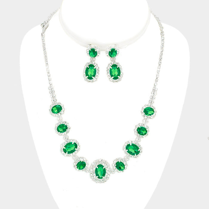 Pave Trim Green Crystal Rhinestone Necklace and Earrings | 345841