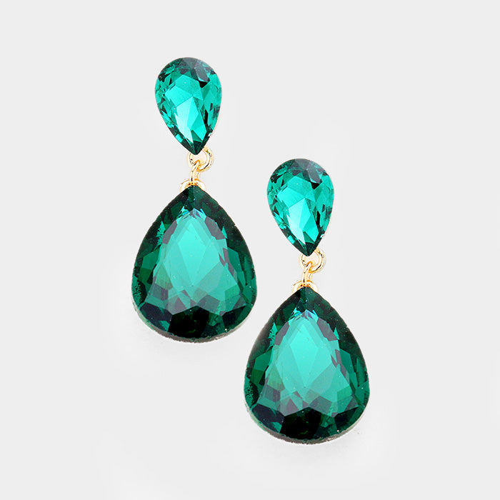 Emerald Crystal Double Teardrop Pageant Earrings for Little Girls | 387934