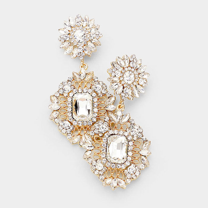 Large Floral Crystal Chandelier Pageant Prom Earrings on Gold | 269888
