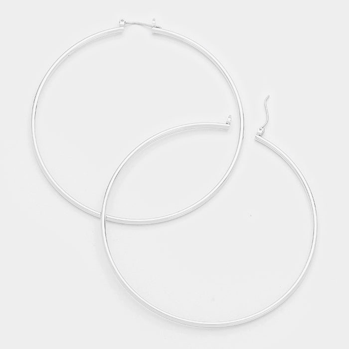 White Gold filled Silver Metal Pin Catch Hoop Earrings | 3" | 319998