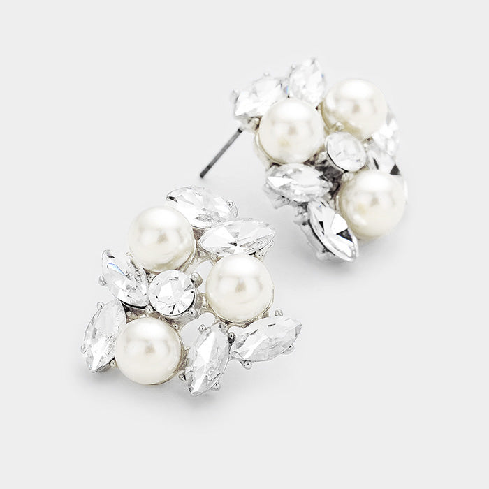 Pearl Oval Crystal Cluster Stud Earrings | 366827