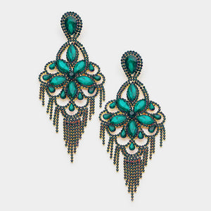 Oversized Emerald Crystal Flower Fringe Earrings | Statement Earrings