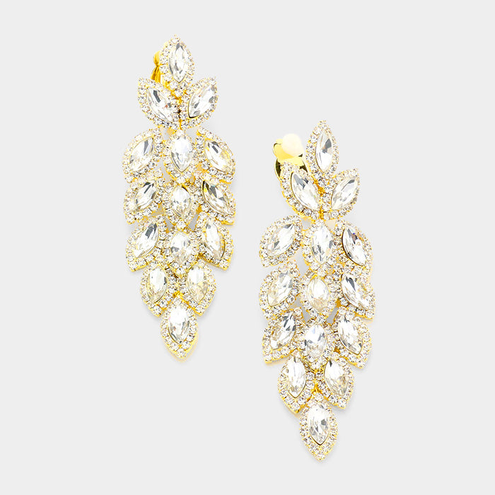 Large Crystal Leaf Clip On Earrings on Gold | 384195