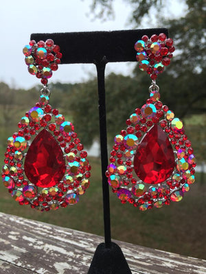 Large Red Earrings with AB Stones | Red Chunky Pageant Earrings | H202-7