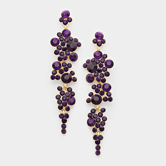 Purple Crystal Long Dangle Earrings on Gold on a white background