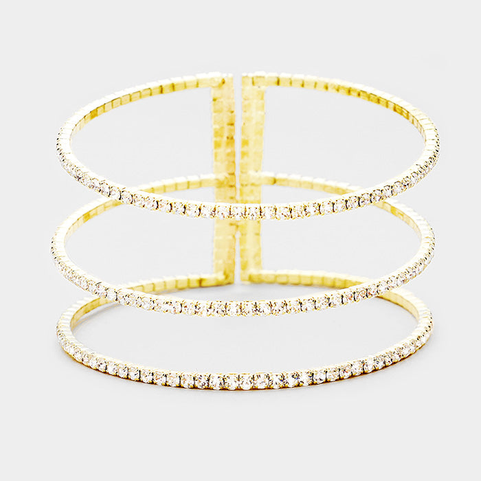 3 Row Split Layer Round Crystal Cuff Bracelet on Gold