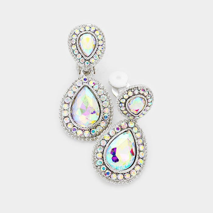 Little Girls Double AB Crystal Teardrop Clip On Earrings | 379523