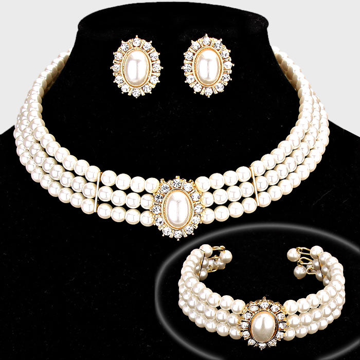 Cream Pearl Choker Bracelet and Earrings Set | 167462