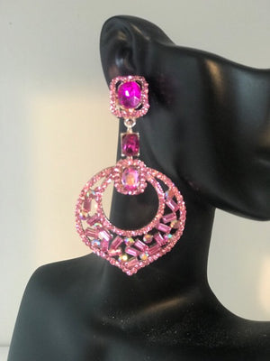 Fuchsia Rhinestone Rectangle Stone Detail Pageant Earrings | 440783