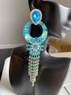 Turquoise/Aqua Cut Out Long Drop Rhinestone Pageant Earrings | 441461