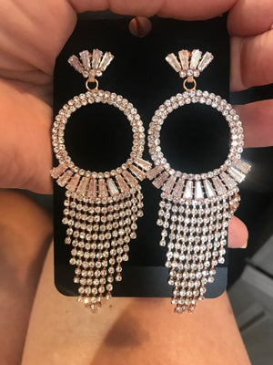 Crystal Rhinestone Open Circle Fringe Drop Pageant Earrings