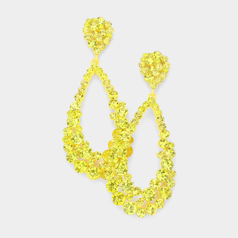 Big Yellow elongated Crystal Pageant Hoop Earrings set in yellow backing