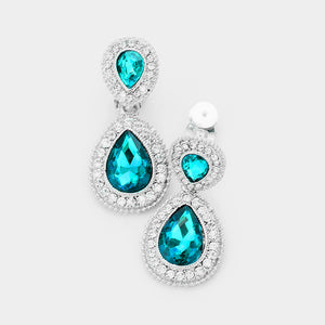 Little Girls Double Aqua Crystal Teardrop Clip On Pageant Earrings