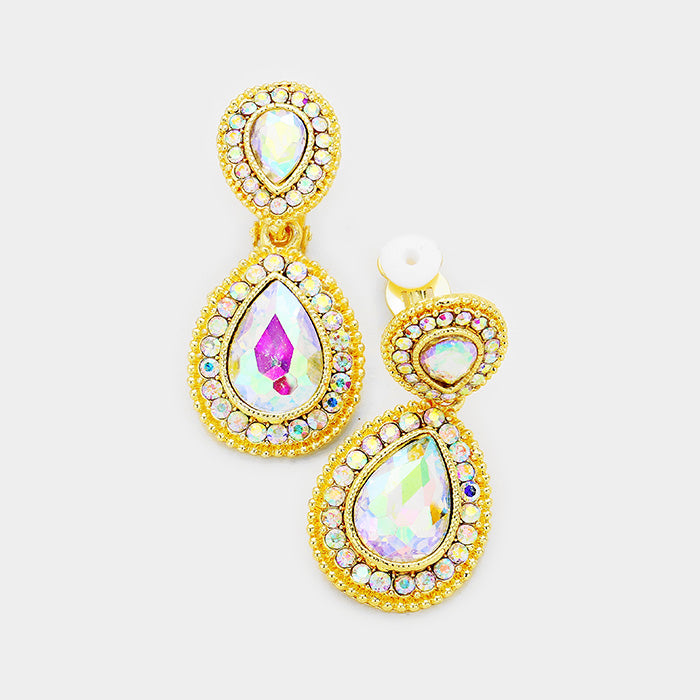 Little Girls Double AB Crystal Teardrop Clip On Pageant Earrings