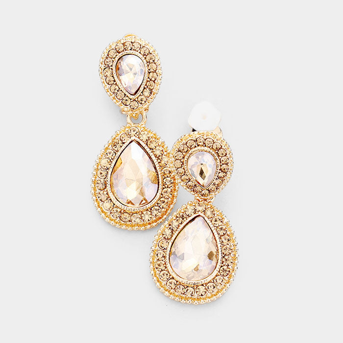 Little Girls Double Gold Crystal Teardrop Clip On Pageant Earrings