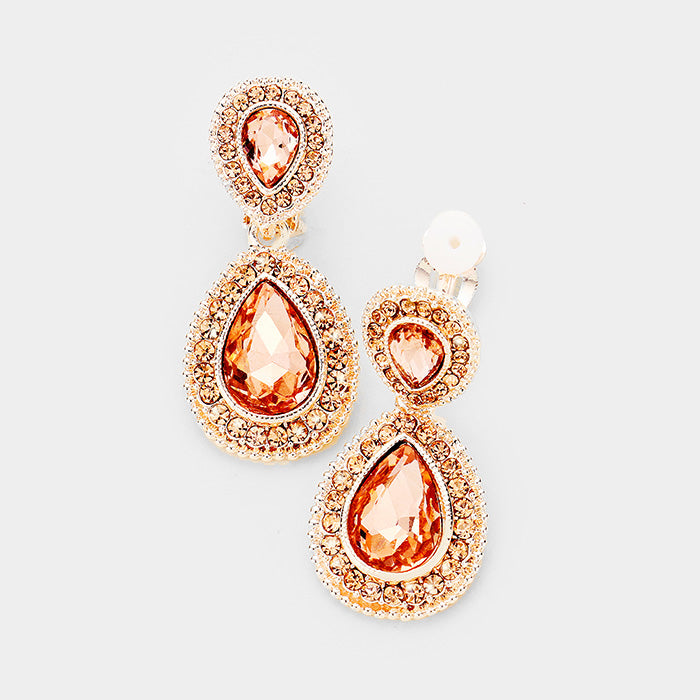 Little Girls Double Peach Crystal Teardrop Clip On Pageant Earrings