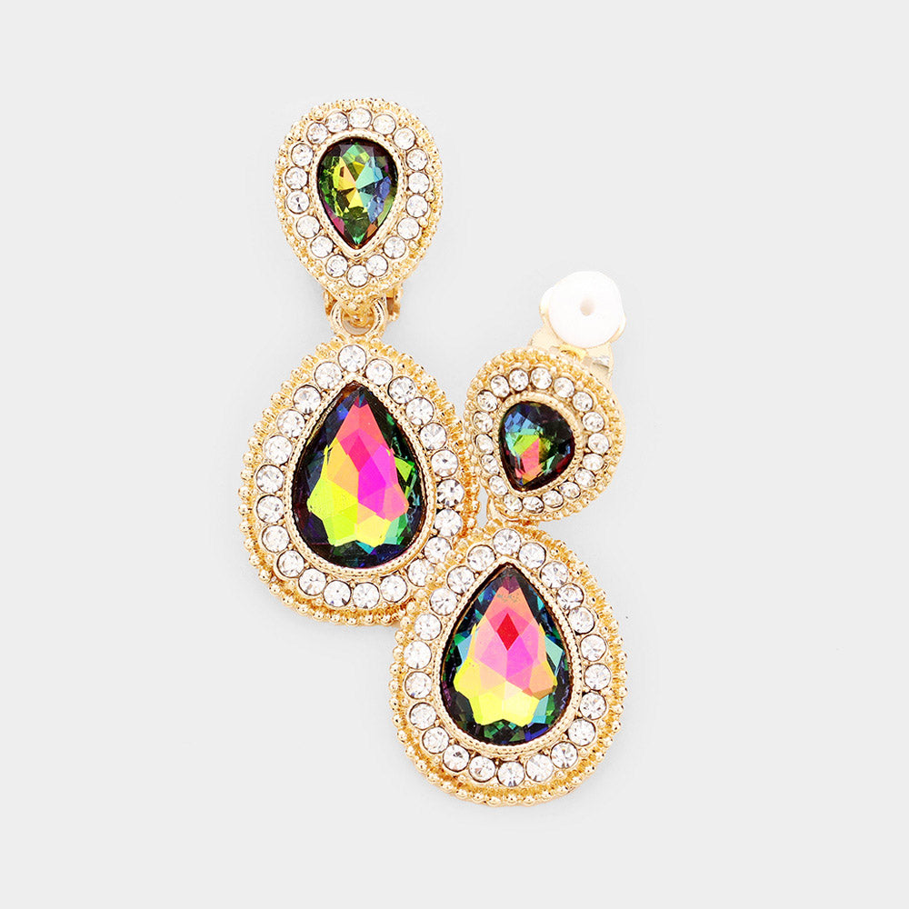 Little Girls Double Multi-Color Crystal Teardrop Clip On Pageant Earrings