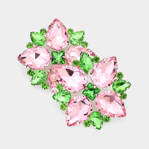Pink & Green Crystal Teardrop Cluster Clip On Pageant Earrings | Clip on Prom Earrings