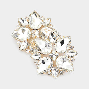 Clear Crystal Teardrop Cluster Clip On Pageant Earrings on Gold | Clip on Prom Earrings