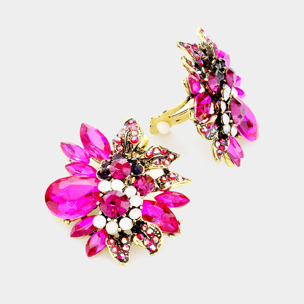 Floral Multi Stone Fuchsia Crystal Clip On Pageant Earrings | Interview Earrings