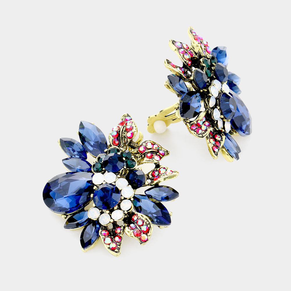 Floral Multi Stone Navy Crystal Clip On Pageant Earrings | Interview Earrings