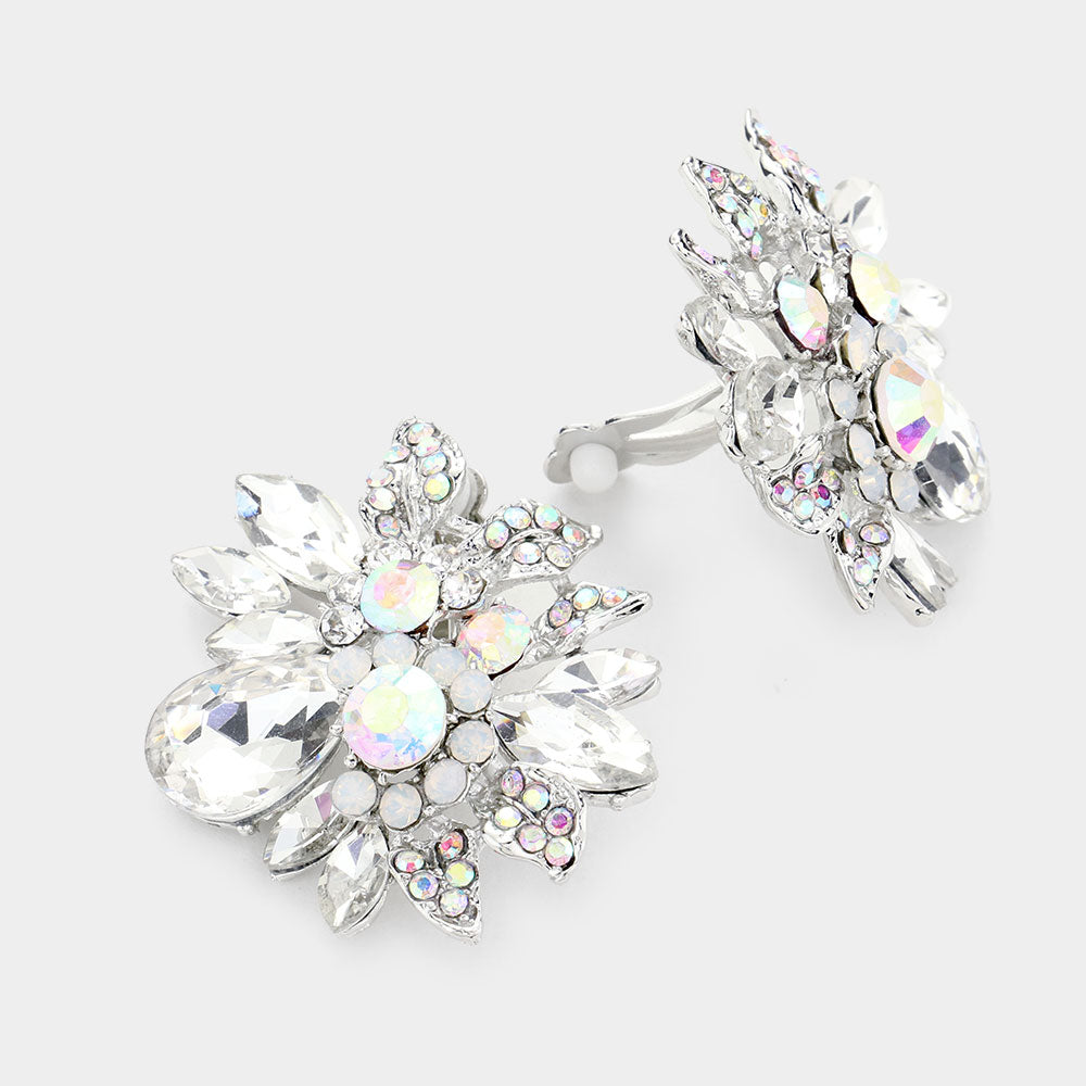 Floral Multi Stone AB Crystal Clip On Pageant Earrings | Interview Earrings