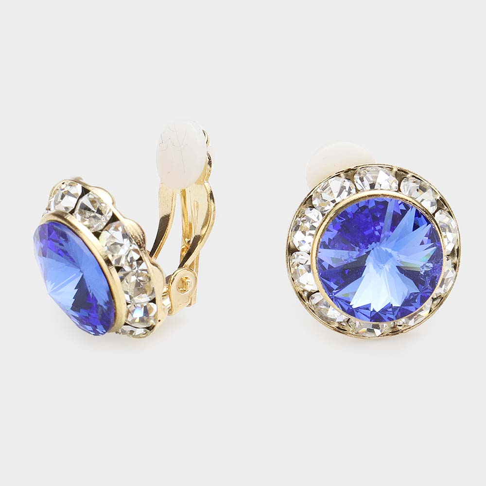 Little Girls Sapphire Austrian Crystal Clip On Stud Earrings on Gold