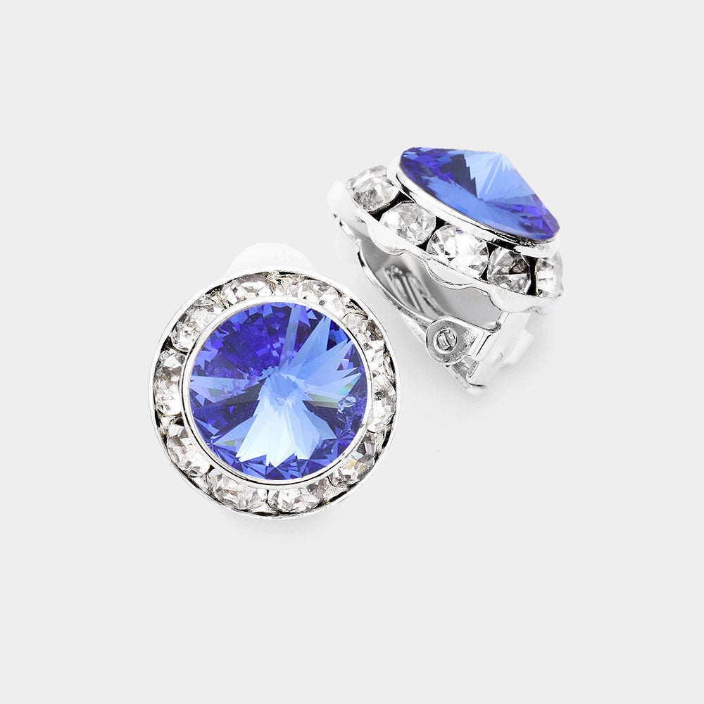 Little Girls Sapphire Austrian Crystal Clip On Stud Earrings