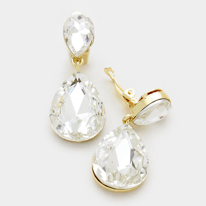 Clear Crystal Double Teardrop Clip On earrings